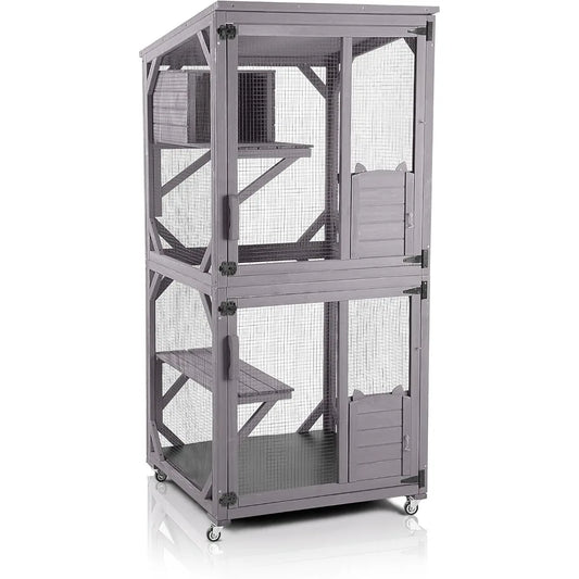 Cat House Outdoor Cage Cat Enclosure on Wheels,Large Wooden Kitty Catio with Resting Box,PVC Layer