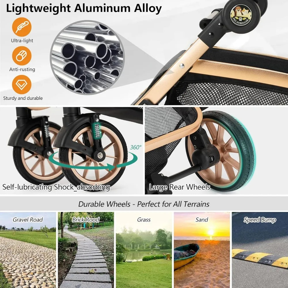 Pet Stroller 3 in 1 for Medium Small Size Dogs Luxury Large Cat Stroller Detachable Carrier for Puppy, Kitty, Doggie (C510L Kha