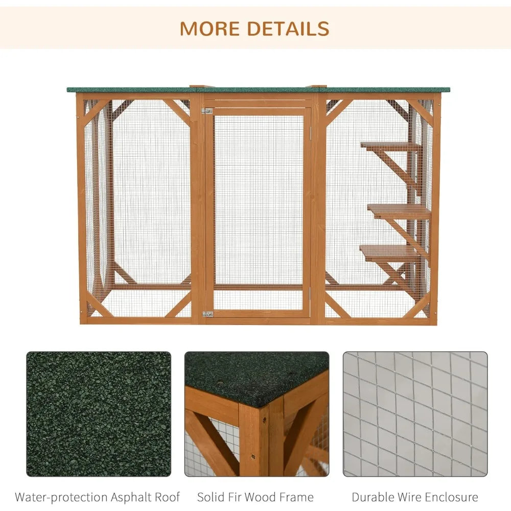 Outdoor Cat House, Catio Wooden Feral Cat Shelter, Cats Cage with Platforms, Large Enter Door, Wooden Cat Cage Condo