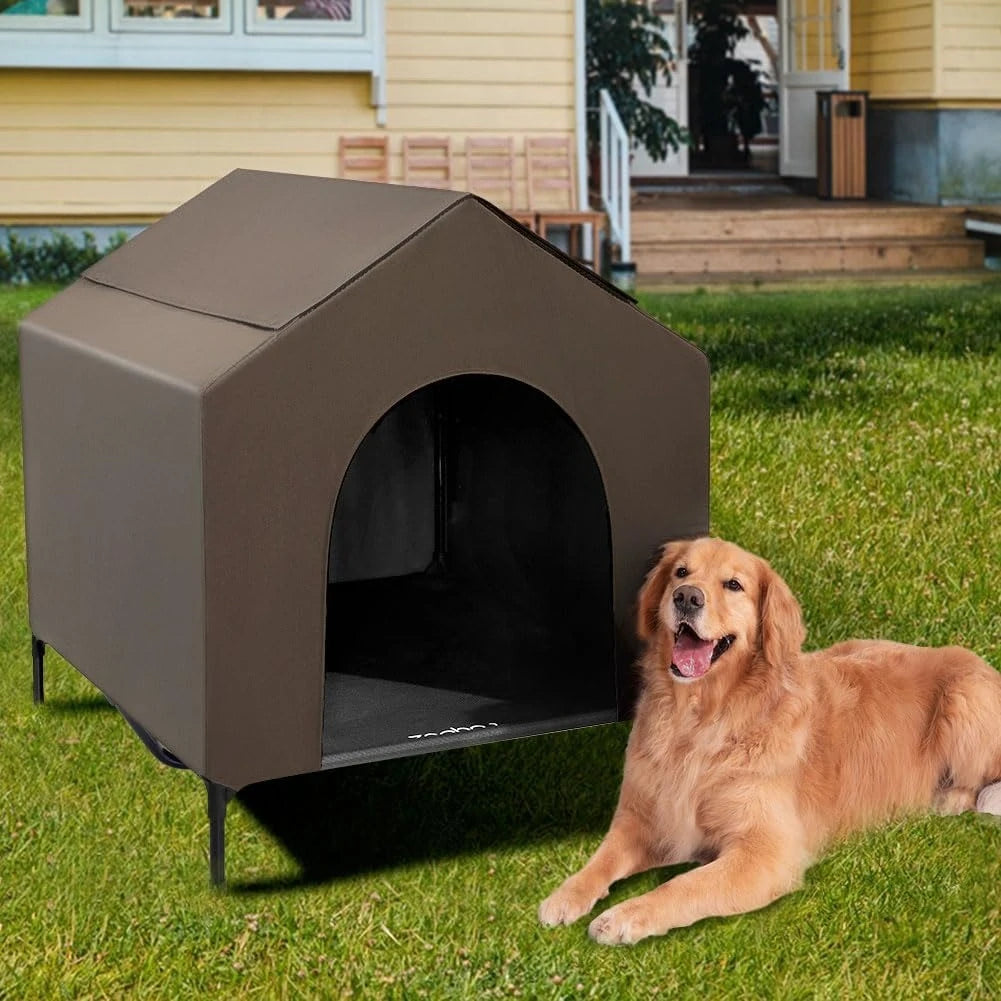 Outdoor Dog House for Large Breeds, Durable Dog Shelter with Weatherproof 600D PVC Canopy, 2x1 Textilene Fabric Elevated Dog Bed
